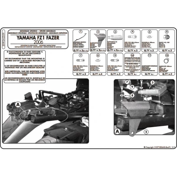 Givi 359FZ Monorack Sidearms For Yamaha FZ1 Fazer 1000 (2006-2014) 2 Givi 359FZ Monorack Sidearms For Yamaha FZ1 Fazer 1000 (2006-2014) - Image 2