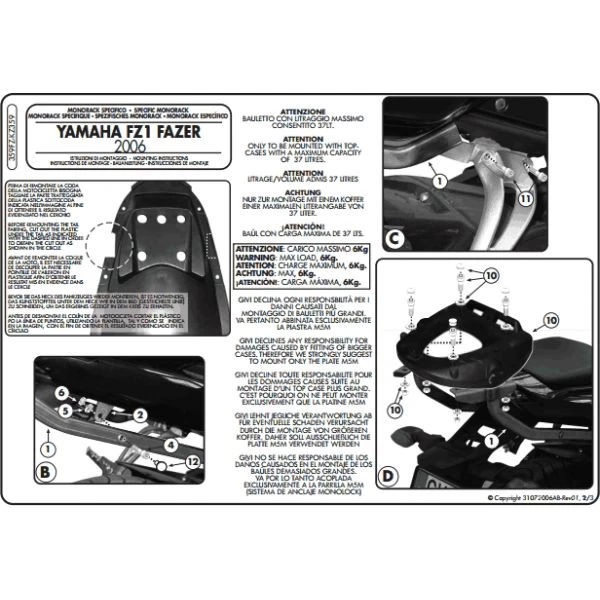 Givi 359FZ Monorack Sidearms For Yamaha FZ1 Fazer 1000 (2006-2014) 3 Givi 359FZ Monorack Sidearms For Yamaha FZ1 Fazer 1000 (2006-2014) - Image 3