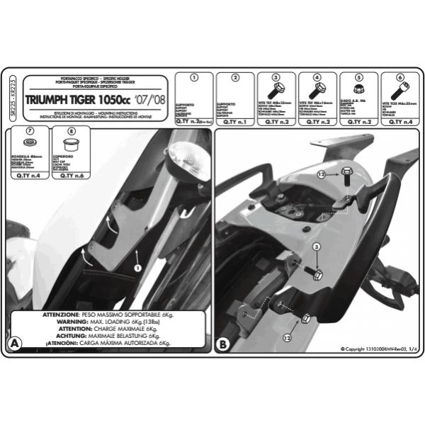 Givi SR225 Specific Rack For Triumph Tiger 1050 (2007-2012) 2 Givi SR225 Specific Rack For Triumph Tiger 1050 (2007-2012) - Image 2